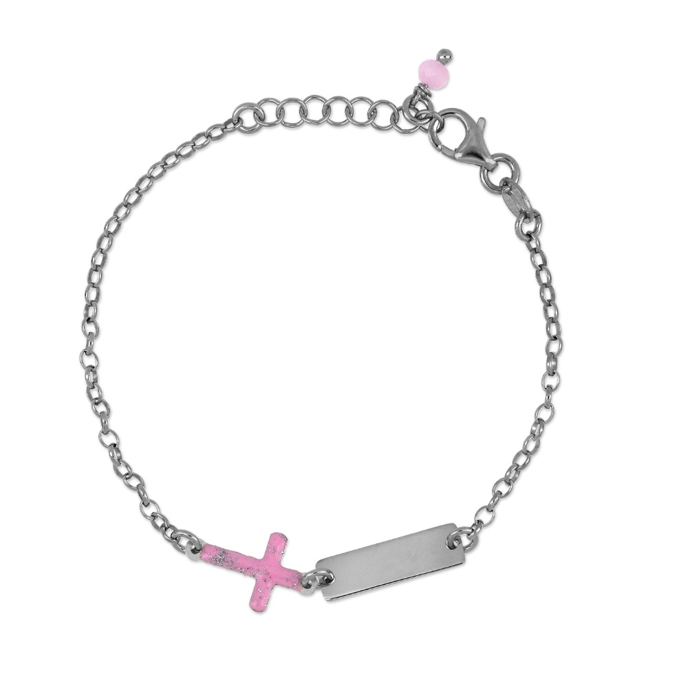 Bracciale targhetta con croce rosa