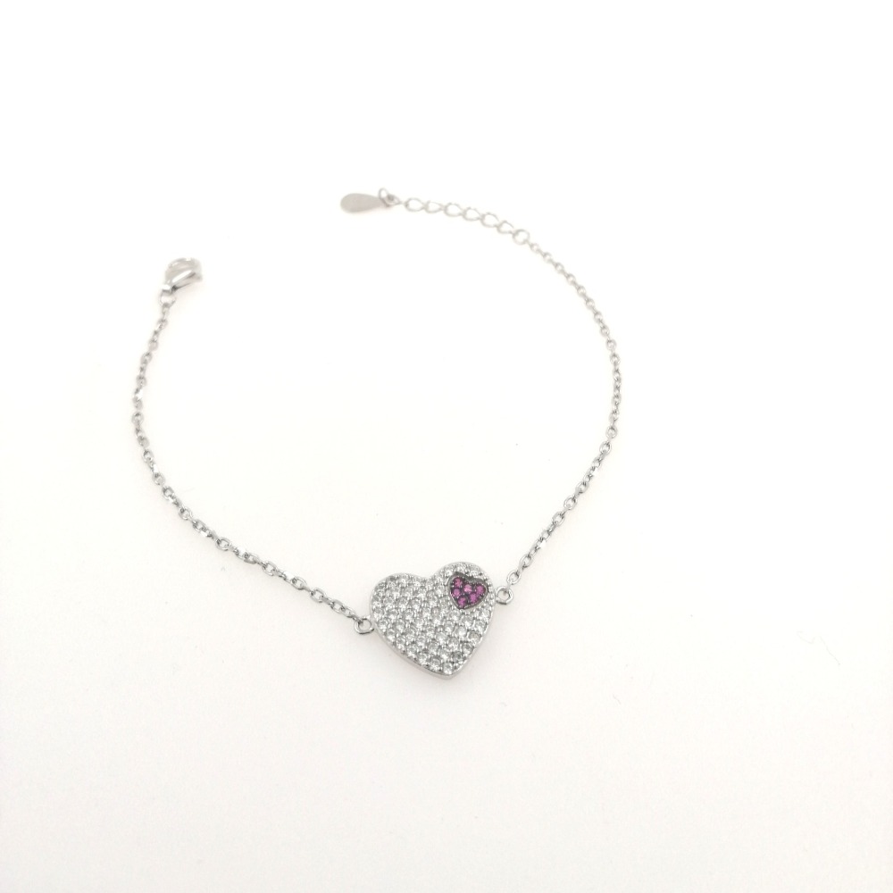 Bracciale con cuore e zirconi bianchi e fucsia