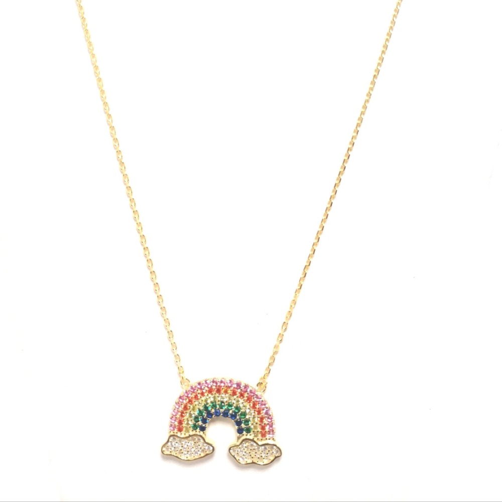 Collana oro con ciondolo rainbow e zirconi multicolor ag 925