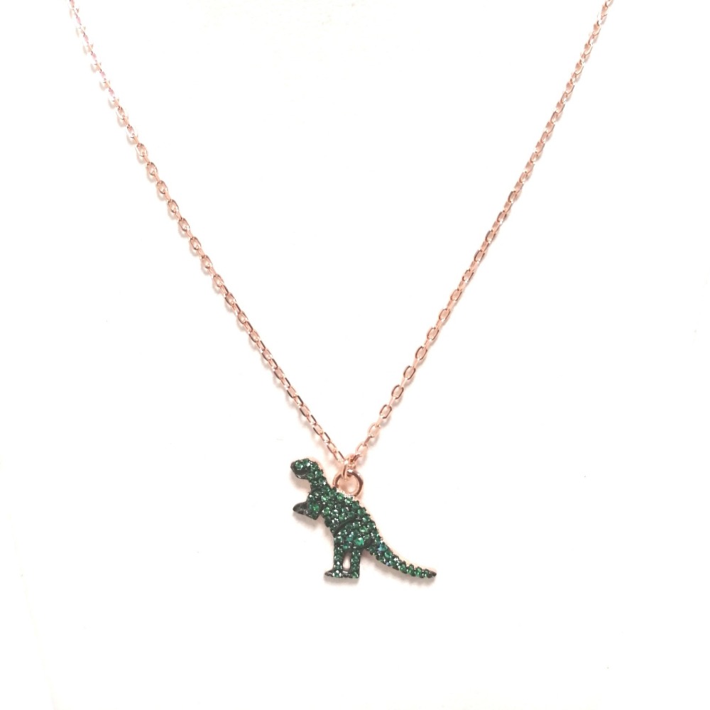 Collana rosa con ciondolo dinosauro e zirconi verdi ag 925