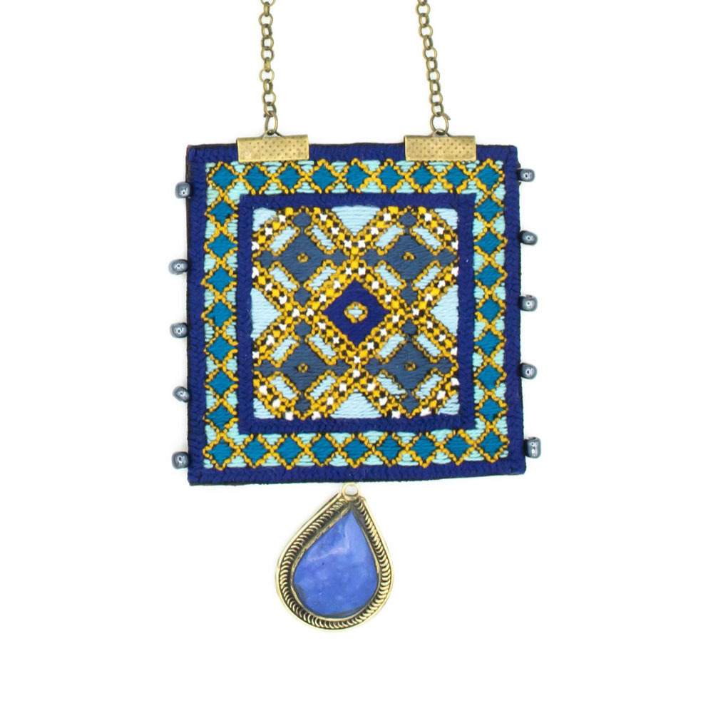 Blue Rectangle Embroidery Necklace